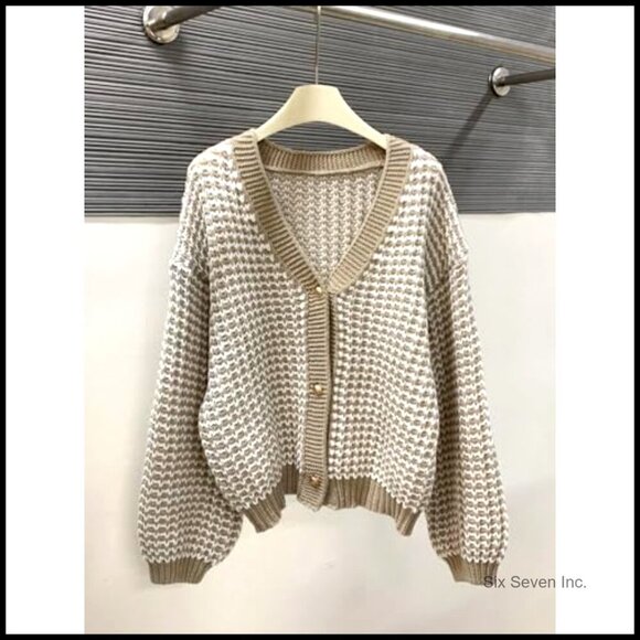 Oversized V-Neck Cardigan Waffle Knit Balloon Sleeve Button-Up Chic Casual - Picture 3 of 5